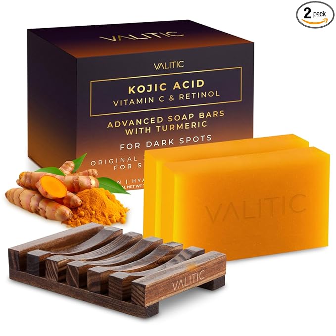 VALITIC Kojic Acid Vitamin C and Retinol Soap Bars with Turmeric for Dark Spot - Original Japanese Complex with Collagen, Hyaluronic Acid, Vitamin E (2-Pack) - with Soap Holder