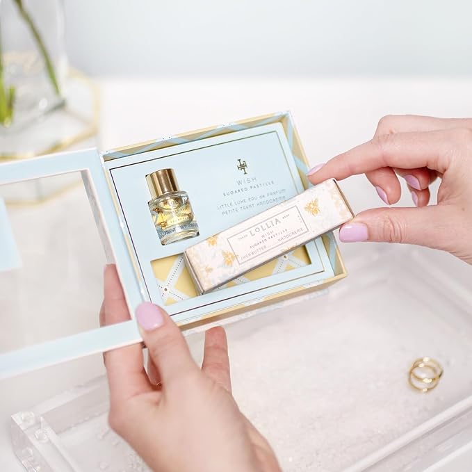 LOLLIA Wish Fragrance Story Gift Set – .16 fl. oz. Eau de Parfum & .33 oz. Petite Treat Handcreme - Sugared Pastille – Shea Butter Hand Cream for Women, Travel Size Perfume, Hand Lotion for Dry Hands
