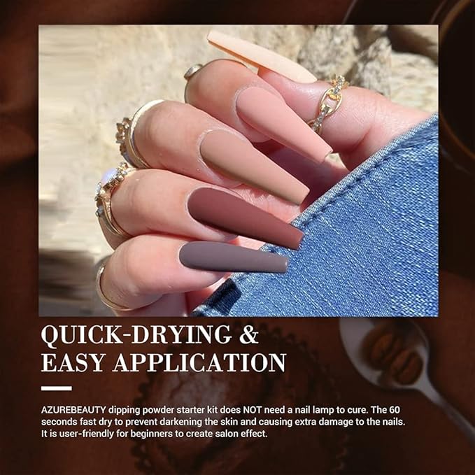 AZUREBEAUTY Dip Powder Nail Set, Fall Nude Dark Brown Purple Gary Natural 6 Colors Dipping Powder Starter Kit, French Nail Art Manicure DIY Salon, No Need Nail Lamp Cured