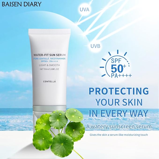 BAISEN DIARY 2PCS Centella Sunscreen SPF 50 PA++++, Hyalu Cica Water-Fit Sun Serum, Lightweight Sunscreen with Centella Asiatica, Hydrating & Non-Greasy Sun Protection for Sensitive Skin