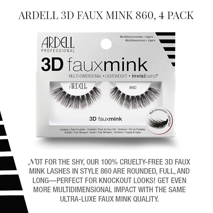 Ardell False Eyelashes 3D Faux Mink Lashes, 860 - Lightweight Strip Lashes with Invisiband for a Dramatic Eye Look, 4 Pairs