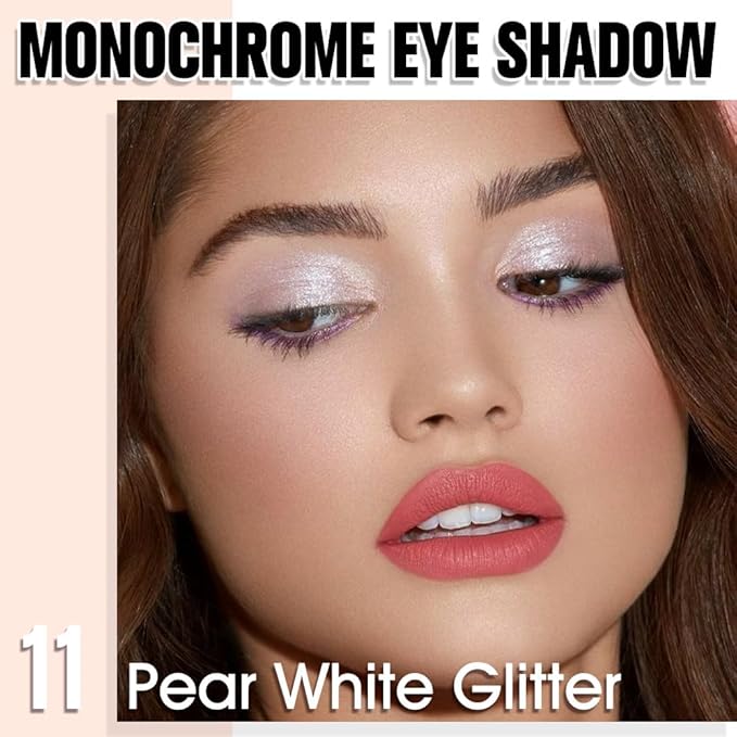 Pear White Glitter Single Eyeshadow, Lightweight Blendable Mini Eye Shadow for Older Women, Monochrome Eyeshadow Palette Makeup Pigmented Waterproof, Vegan & Cruelty-Free, 11