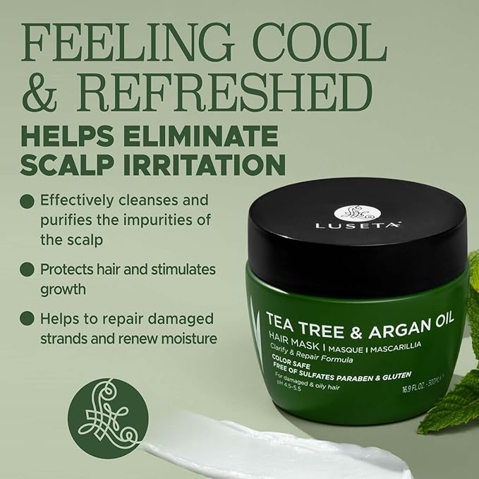 Luseta Tea Tree Oil Hair Mask for Flaky, Dry Scalp - Cooling Peppermint & Lavender, Refreshes Scalp & Removes Buildup, Sulfate-Free, 16.9 oz
