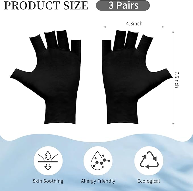 3 Pairs of Fingerless Cotton Gloves 100% Black Cotton Moisturizing Gloves for Dry Hands Cut 5 Fingertips Overnight Hydration Touchscreen-Friendly Gloves for Women & Men
