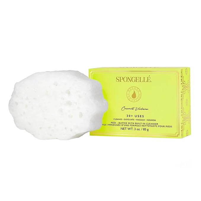 Spongellé Coconut Verbena Pedi Buffer Bath Sponge | Exfoliating Foot & Heel Scrub | Cleanse, Exfoliate, and Nourish in One Easy Step | Cruelty-Free, Vegan, Dermatologist-Tested, Made in USA | 30+ uses
