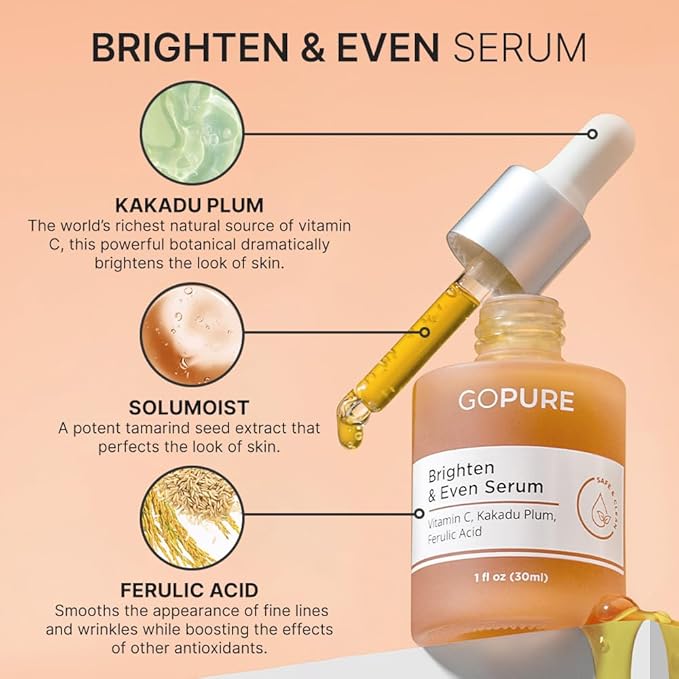 goPure Actives Vitamin C Serum - Brightening Serum with Vitamin C and Ferulic Acid, Face Moisturizing and Anti-Aging Benefits, Improves Skin Discoloration and Visibly Reduces Dark Spots - 1 fl oz