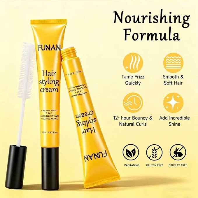 FUNAN Cactus Fruit 3-in-1 Styling Cream with Taming Wand for Flyaways, Styling Cream for Hair, Frizz Control, Edge Styling, Slick Back Hair Products for All Hair Types, Non-Greasy(yello, pack of 1)