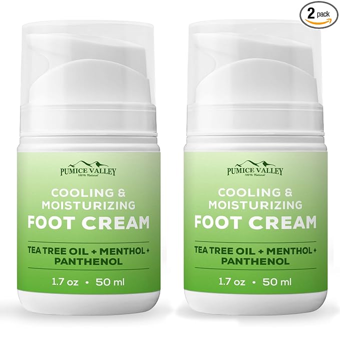 Pumice Valley 2 Pack Foot Cream for Dry Cracked Feet and Heels - Natural Moisturizer, Corn, Calluses Treatment - Skin, Body Lotion, Panthenol, Tea Tree Oil, Menthol 1.7 Oz