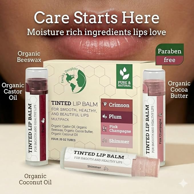 Earth's Daughter Tinted Lip Balm 4 Pack of Assorted Colors - Beeswax, Coconut Oil, Cocoa Butter, Vitamin E - Moisturize and Beautify - Paraben Free