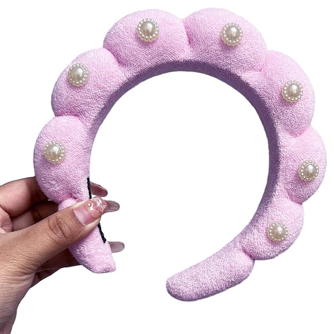 Spa Headbands Puffy Makeup Skincare Headbands for Washing Face or Facial, Terry Cloth Fabric Hairbands for Makeup Removal Shower Skin Treatment(Pink, Pearl)