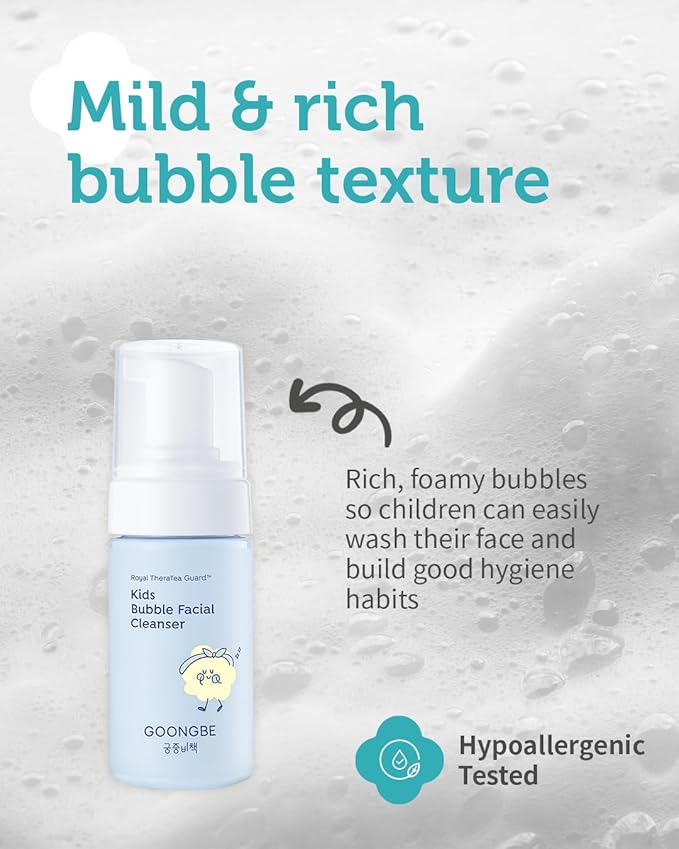 GOONGBE Kids Facial Bubble Wash and Lotion- Korean Low pH Face Cleanser & Moisturizer with Cica & Panthenol - Allergen-Free Formula 3.38 fl.oz. & 2.7 oz.