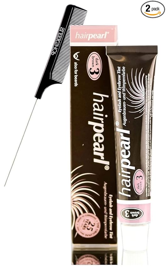 Hairpearl Original Hair Pearl TINT Color Dye for Iashes and broows (w/Sleek Steel Pin Rat Tail Comb) PPD-Free Haircolor Hair Tinting, Made in Germany (No 3 Dark Brown)