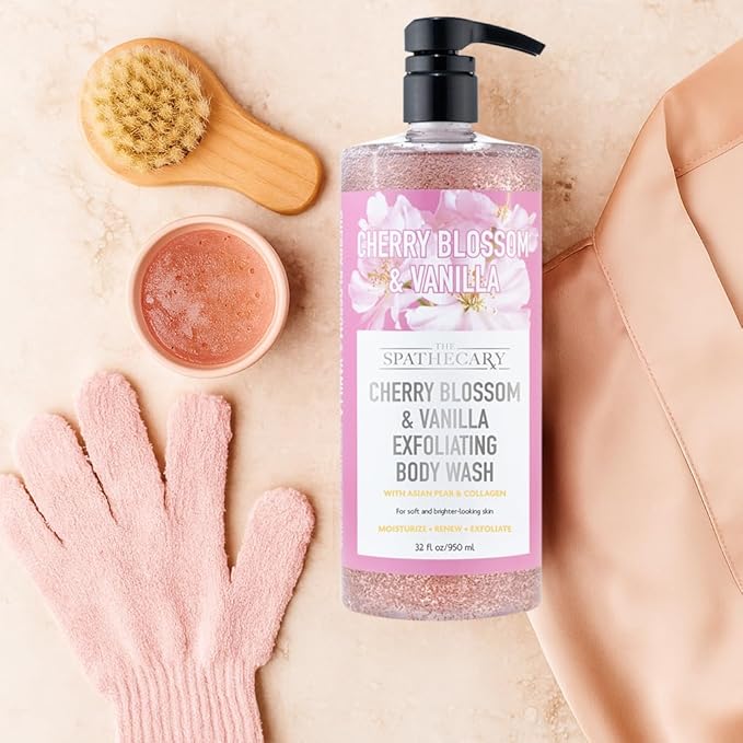 Cherry Blossom & Vanilla Exfoliating Body Wash with Coconut and Asian Pear & Collagen | Moisturize Renew & Exfoliate, 32 oz.