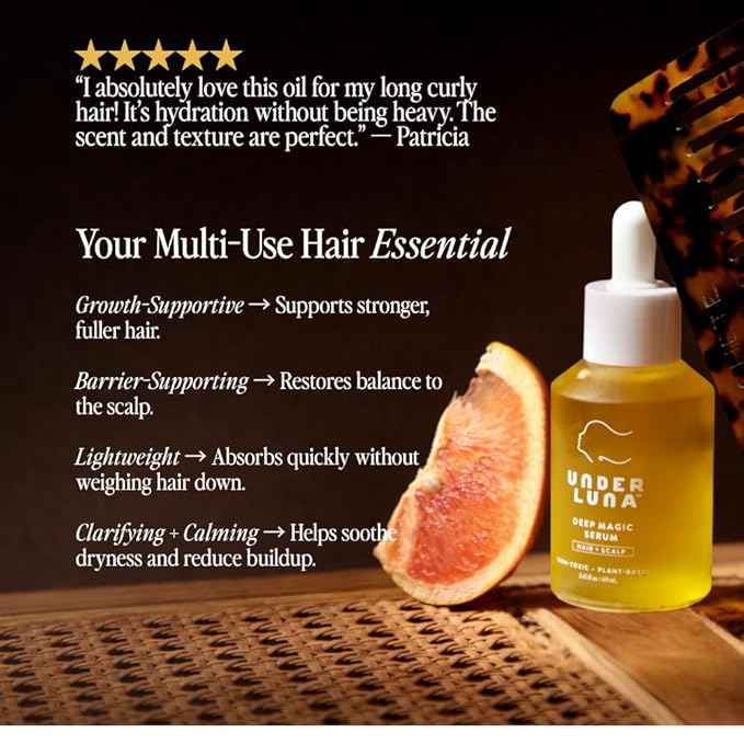 Under Luna Deep Magic Hair + Scalp Serum | Leave-In Hair Protectant & Dry Scalp Treatment | Smooths Frizz, Supports Scalp Comfort | Silicone-Free, Vegan, Plant-Based | 2.45 fl oz