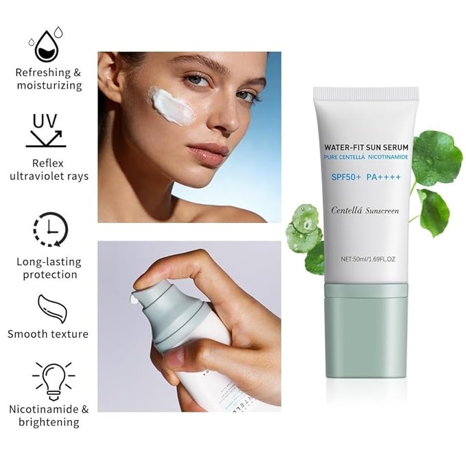 2Pcs Centella Sunscreen, Lightweight Hydrating Centella SPF50+ Water-Fit Sun Serum for All Skin Type and UV Defense