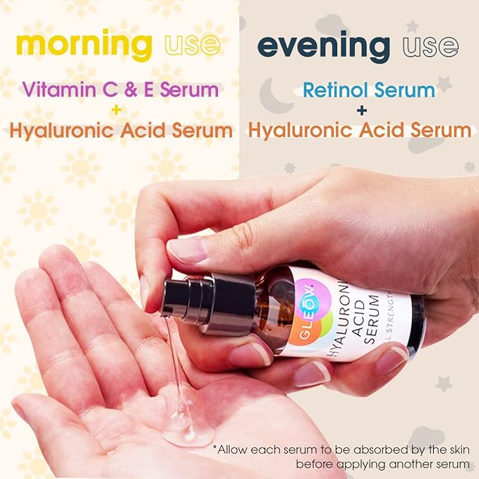 GLEOW Retinol Serum for Face, Vitamin C with Hyaluronic Acid Face Serum for Women and Men, Glow Skin Care Set Total Package Targets Appearance of Uneven Skin Tone and Dryness 3x1oz