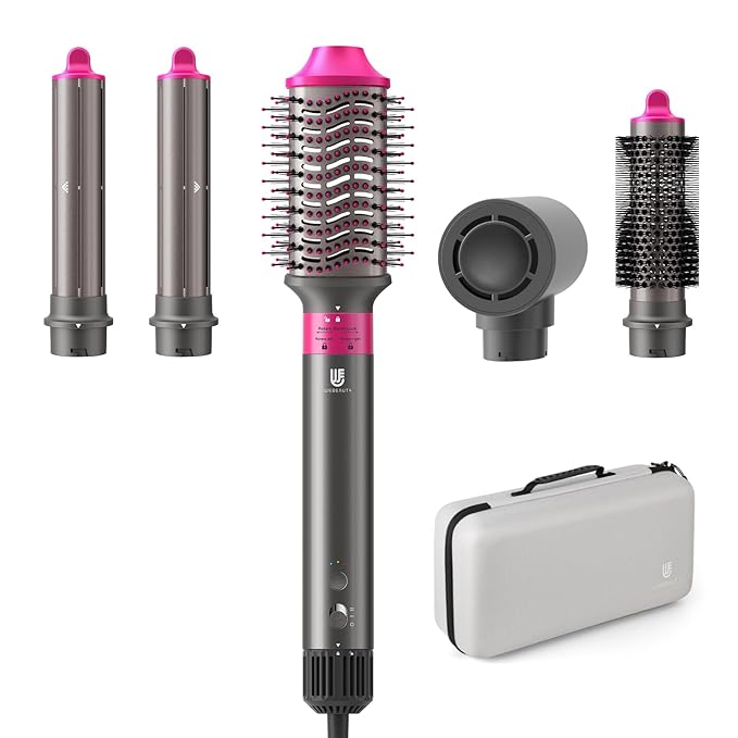 5 in 1 Hot Air Brush Hair Dryer Air Styler - 110,000 RPM Fast Drying, Curling, Straightening with Ceramic Coating & Negative Ion, No Heat Damage for All Hair Types, Includes Travel Case (Red)