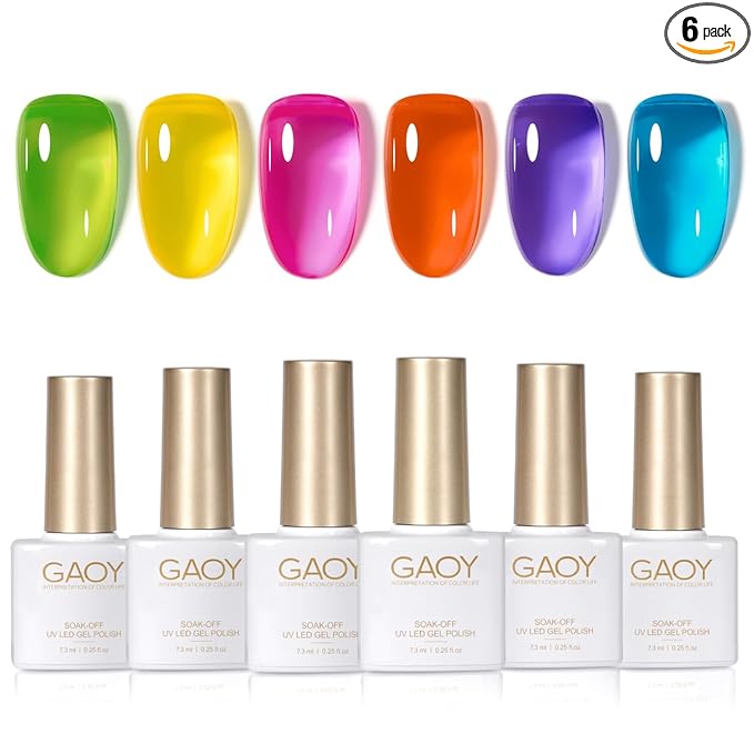 GAOY Jelly Neon Gel Nail Polish Set, 6 Transparent Summer Colors Sheer Green Pink, Soak Off UV Light Cure Gel Polish Kit for Nail Art DIY at Home
