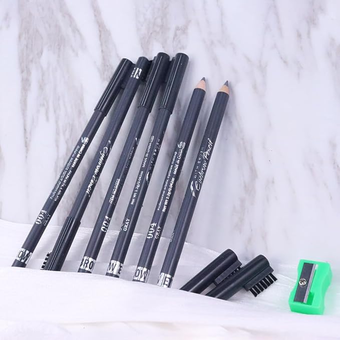 6Pcs Eyebrow Pencils for Women, Wooden Hard-Core Eyebrow and Eyeliner Pencil, Long Lasting Waterproof and Sweat-Proof, Beginner Makeup Brow Pencil With Eyebrow Brush and Pencil Sharpener (Grey, 6Pcs)