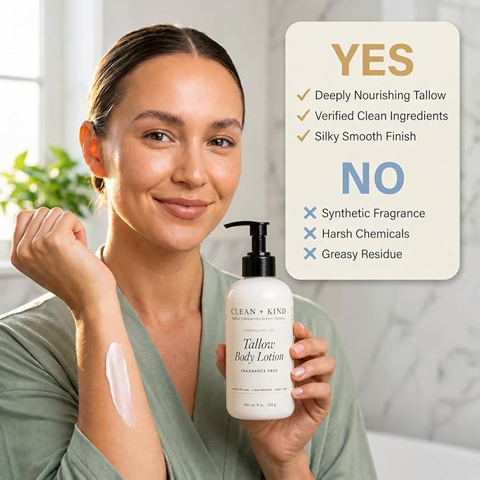 Fragrance Free Tallow Body Lotion — Hydrating Non-Toxic Unscented Natural Body Moisturizer & Cream, Grass-Fed Beef, Organic Shea, Jojoba, Coconut MCT & Aloe for Dry Sensitive Skin (8 oz)