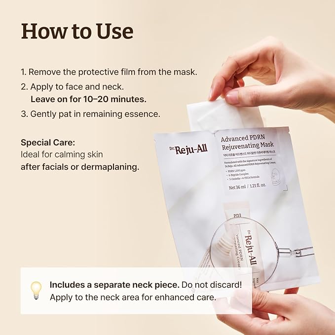 Dr.Reju-All Advanced PDRN Rejuvenating Mask - Face & Neck Korean Sheet Mask with 1,200 ppm PDRN, Collagen & Copper Peptides - Hydrating & Soothing, Skin Repair (1.2 Fl Oz x 4EA)
