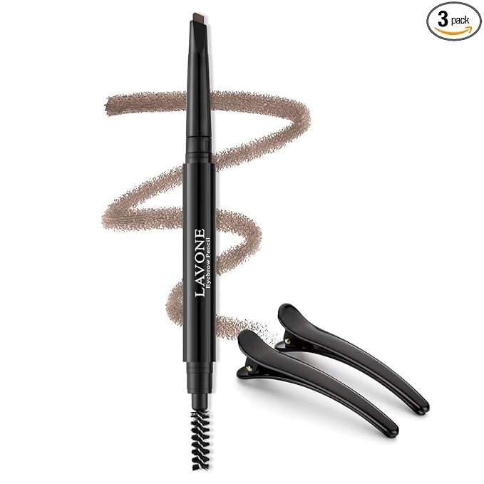 LAVONE Eyebrow Pencil - Makeup Waterproof Brow Pen with Triangular Tip, Dual-Sided Brow Brush, Precise, Fine Tip, Fills Eyebrows Creates Natural Looking Brow, with Hair Clips - Soft Brown