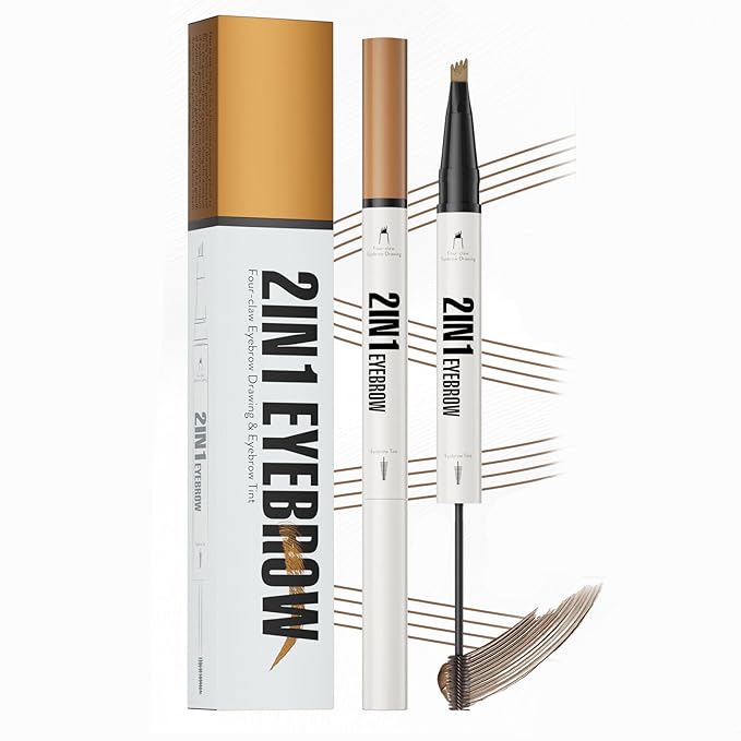 2-in-1 Eyebrow Pencil & Tinted Brow Gel - Dual-Ended Microblading Pen with 4-Fork Tip, Waterproof, Smudge-Proof for Natural Hair-Like Brows, Long Lasting 24H (Light Brown)