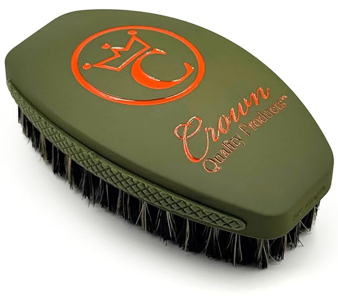 NEW OLIVE MEDIUM Crown Quality Products Curved 360 Wave Caesar 2.0 Mixed Boar Bristle Hairbrush - Non-Slip Grip, Waterproof, Debossed Logo, Indestructible Body - The Ultimate 360 Wave Brush