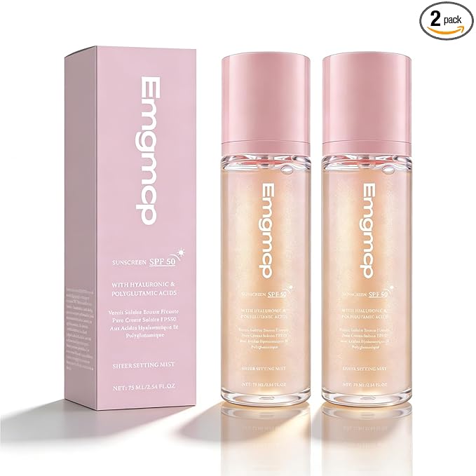 Sheer Setting Mist Sunscreen SPF 50, Broad Spectrum Shimmering Body Oil Mist for Face & Body, Hydrating Makeup-Friendly, Reef-Safe, Non-Greasy & Weightless Fast Drying for Dewy Finish (2pc)