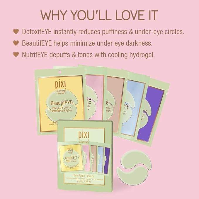 Pixi Beauty Eye Patch Library | 5 Single Use of Under Eye Patches for Hydrating, Energizing, Depuffing, and Soothing Under-Eyes | for Puffy Eyes and Dark Circles | 5 pairs, 10 patches