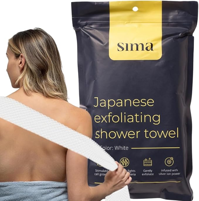 Sima Brand Exfoliating Washcloth Face & Body Scrub Towel - Japanese Exfoliating Towel with Hexagon Fibers, Body Scrubber with 2 Sides for Scrubbing & Washing, Extra Long Body Towels (White)
