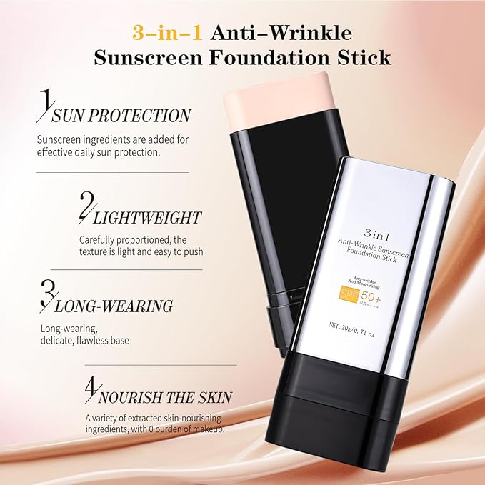 3 In 1-Luxury Anti-Wrinkle Foundation Stick SPF 50+ with Brush, Hydrating Non-Sticky Matte Foundation Stick, Travel Size Defense Face and Body Sunscreen Lotion, Light Color, 1.42 Fl Oz (Light)