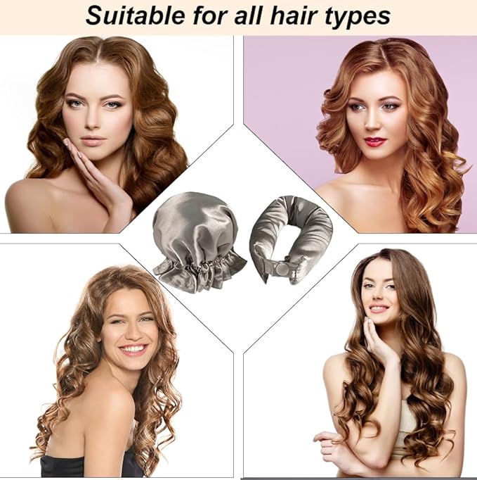 Hair Rollers Set - 6 Satin Curlers with Headband and Cap for Heatless, No-Heat Curls on All Hair Types (Khaki)