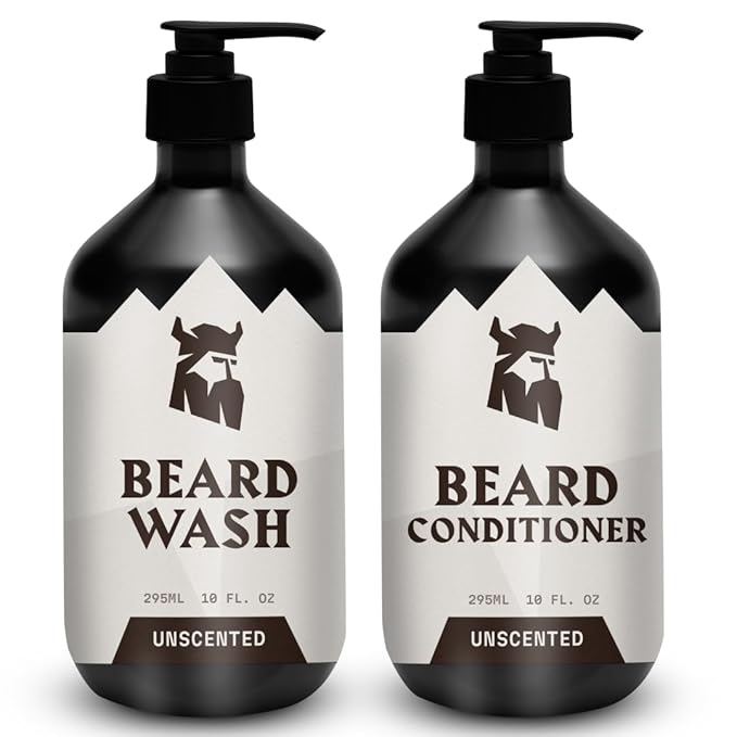 Striking Viking Unscented Beard Wash & Conditioner - 10 Fl Oz, Pack of 2 - Deep Cleansing Oil Formula - Soothing Softener with Jojoba Oil - Itch-Free Gentle Hydration for Beard Care