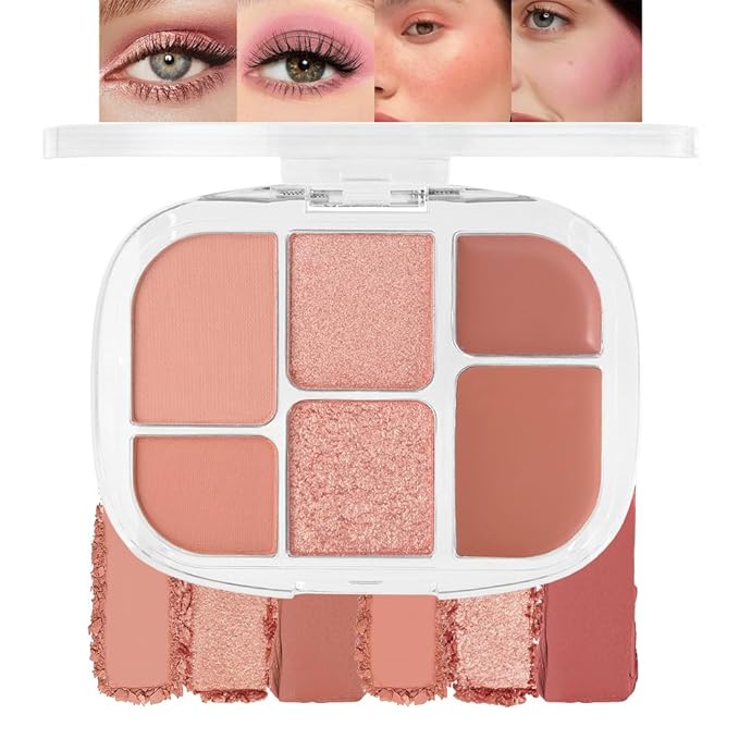 6-in-1 Cream & Powder Blush Highlighter & Eyeshadow Makeup Palette, Neutral Nude Orange Matte & Shimmer Makeup Palette, Comprehensive Face Makeup Plate for Women Daily,Vegan and cruelty-free 01