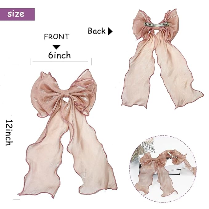 Bright Colors Hair Ribbon-Organza Bow With Long Tail Ribbon ，Soft Chiffon Hair Bows for Women and small Girls，Elegant and fashionable Large Bow Metal Spring Clip bow hair clip Large -Cameo Browm