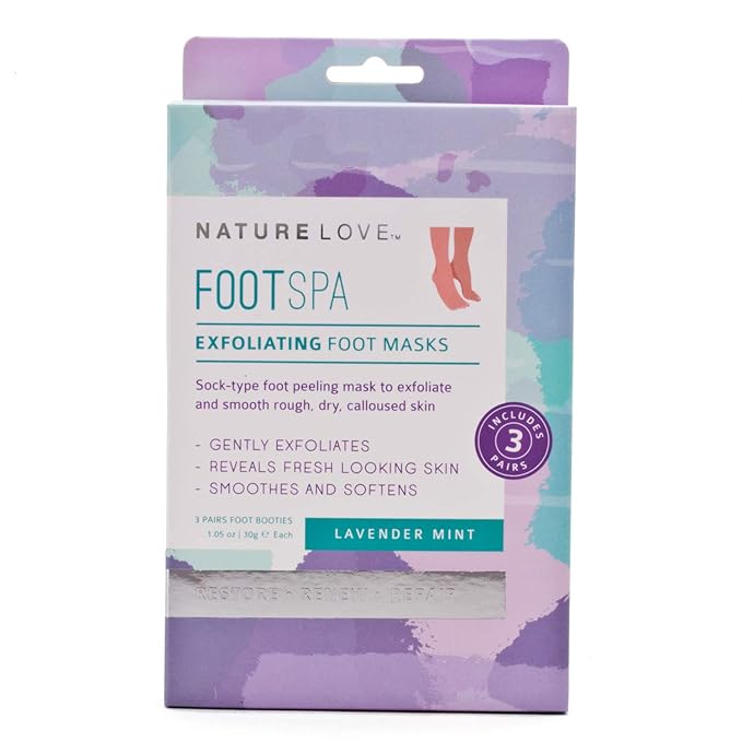 Nature Love Exfoliating Foot Mask | Lavender Mint Gently Exfoliates | Paraben Free (3 Pairs)
