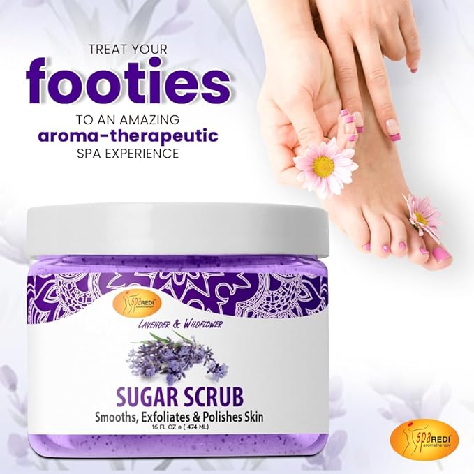 SPA REDI Sugar Scrub - Lavender and Wildflower - 16 Oz - Exfoliating, Moisturizing, Hydrating and Nourishing, Glow, Polish, Smooth and Fresh Skin - Body Exfoliator