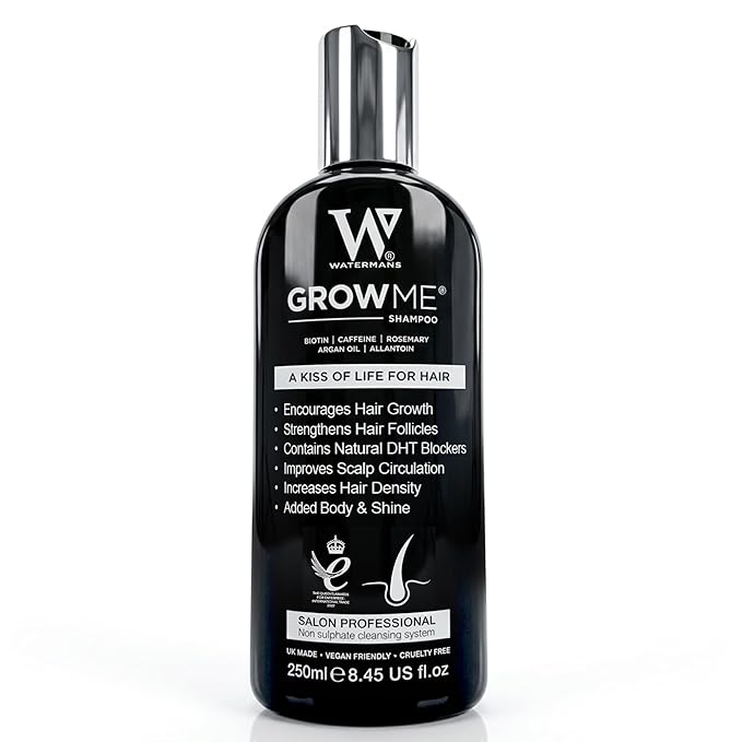 Watermans Grow Me Organic Hair Growth Shampoo for Men & Women – Strengthening & Moisturizing with Biotin, Rosemary, Caffeine & Argan Oil for Fuller, Thicker-Looking Hair (8.45 fl oz)