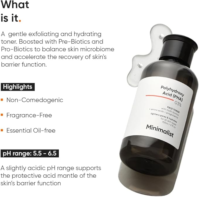 Minimalist 3% PHA Alcohol Free Hydrating Face Toner for Pore Tightening | Mild Exfoliation, pH Balancing & Rebalancing Skin Microbiome | for Women & Men | 5 Fl Oz / 150 ml