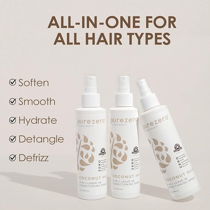 Purezero Coconut Milk BUNDLE [12oz Shampoo + Conditioner + 6 oz 9-in-1 Leave-in Conditioner] - Intense Hydration & Increased Shine