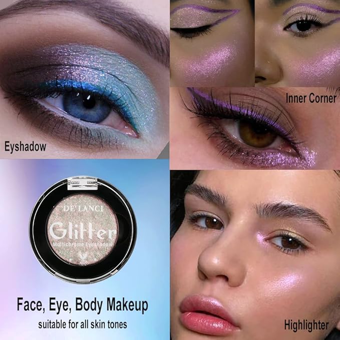 Afflano Glitter Eyeshadow Sparkle Shimmer Eye shadow Makeup, Intense Color Shifting Duo Chrome Eyeshadow, Holographic High Pigmented Multichrome Eye shadow, Chameleon Pink Face Highlighter Makeup