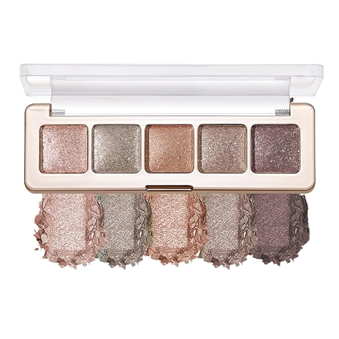 5 Colors Glitter Shimmer Eyeshadow Palette, High Pigment Sparkly Metallic Eye Makeup with Rose Quartz, Silver Champagne, Coral Pink, Taupe Gold & Plum Silver Shades for Festival, Party & Glam Looks 5