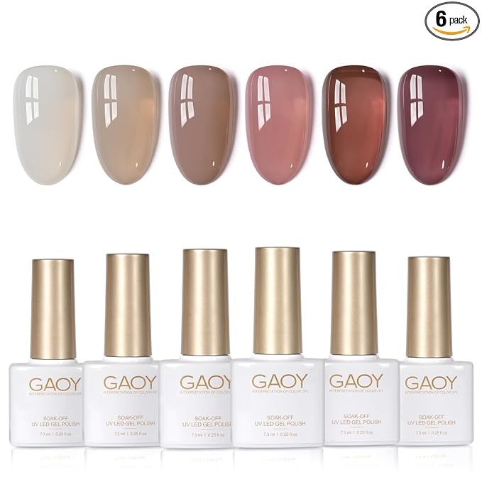 GAOY Jelly Brown White Gel Nail Polish Set, 6 Translucent Colors Sheer Pink Maroon Soak Off UV Light Cure Gel Polish Kit for Salon and Nail Art DIY at Home