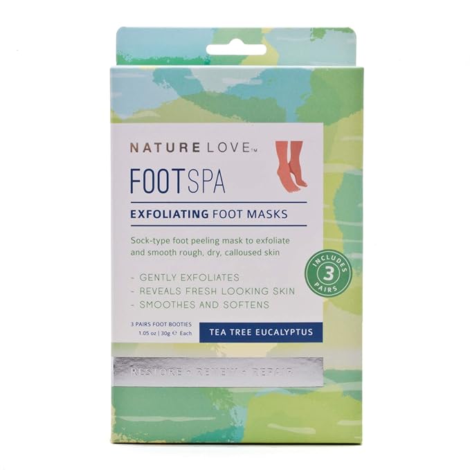 Nature Love Exfoliating Foot Mask | Tea Tree Eucalyptus | Lactic Acid and Urea | Gently Exfoliates and Removes Dead Skin | Paraben Free (3 Pairs)