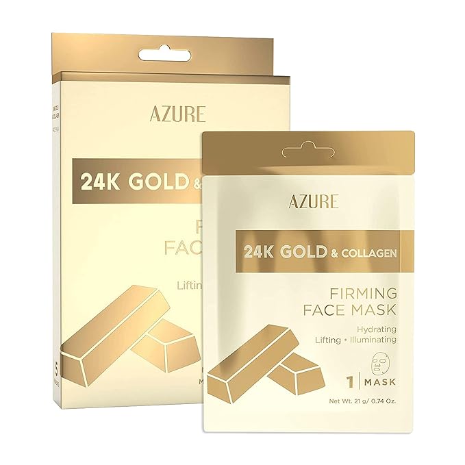 Azure Cosmetics 24K Gold Firming Face Mask- Anti Aging, Hydrating, Toning & Firming Facial Mask - Helps Reduce Wrinkles & Fine Lines with Hyaluronic Acid & Collagen - Made in Korea - Pack of 5