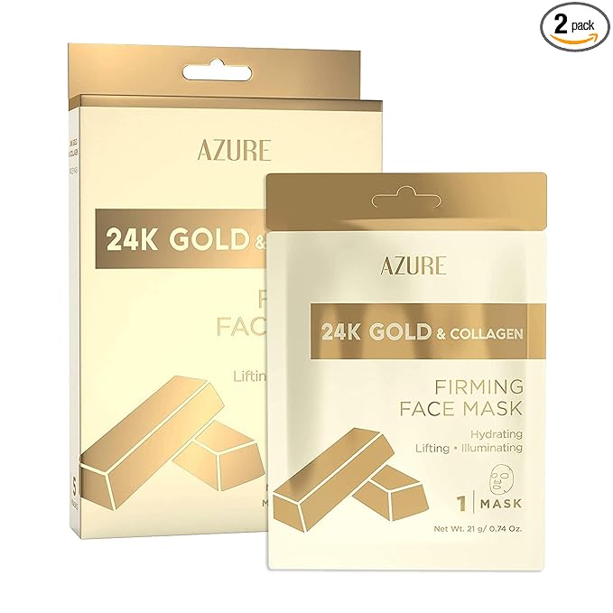 AZURE 24K Gold Face Mask- Anti Aging, Hydrating, Toning Facial Mask - Helps Reduce Wrinkles & Fine Lines with Hyaluronic Acid & Collagen - Skin Care Made in Korea - Pack of 10