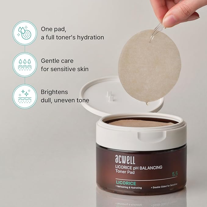 ACWELL Licorice pH Balancing Toner Pads - Vegan Dual-Sided Cotton Pads for Sensitive and Acne-Prone Skin, Dark Spot Brightening & Pore Care, 70 Pads (5.41 fl oz.)