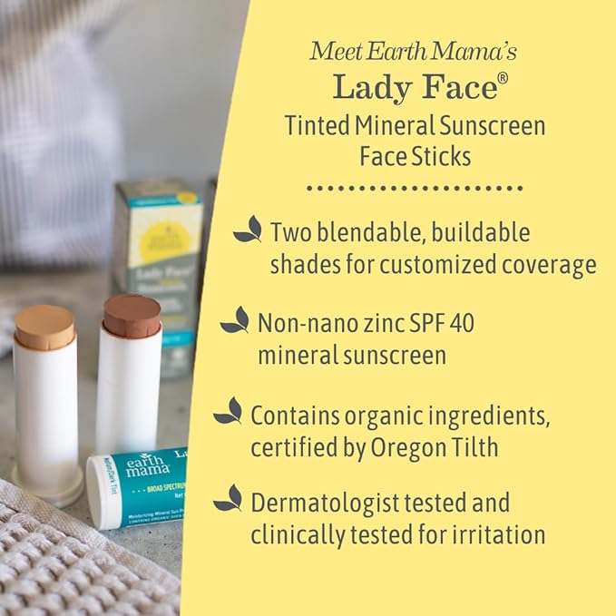 Earth Mama Lady Face Tinted Mineral Sunscreen Stick SPF 40-0.74 oz - Light/Medium Tint - Non-Nano Zinc - Broad Spectrum Face Sunscreen - Blends with Most Skin Tones