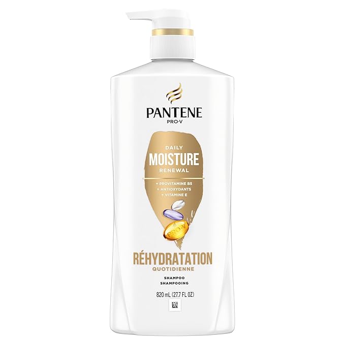 Pantene Shampoo, Daily Moisture Renewal with Vitamin E - Pro-V Nutrients for Dry, Color-Treated, Straight to Curly Hair, 72-Hour Hydration & Softness, Paraben Free, 27.7 Fl Oz